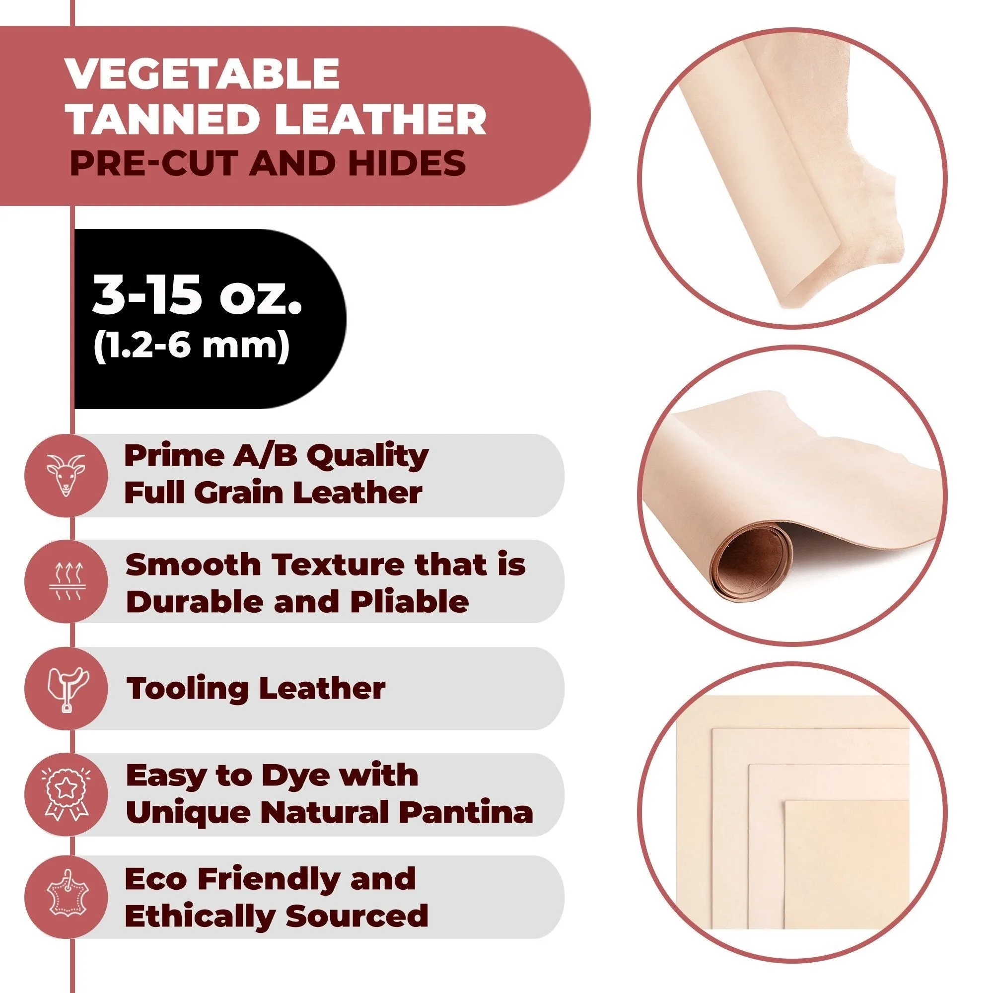 2-5 oz (1-2mm) Vegetable Tanned Leather Craftsmen Cut Tooling Leather Cowhide Full Grain Leather