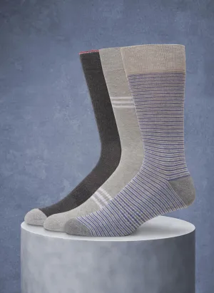 3-Pack Organic Cotton Fashion Mid-Calf Sport Socks in Grey Stripe