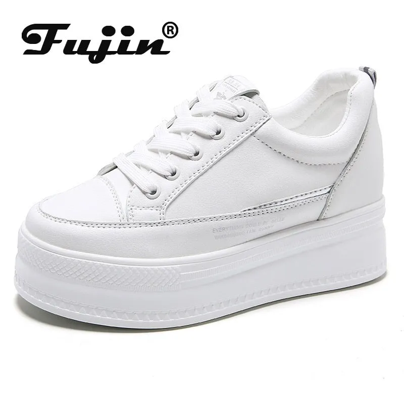 7cm Microfiber Leather Women Casual Shoes White Platform Wedge Hidden Heel Shoes White Shoes Chunky Sneakers Skateboard