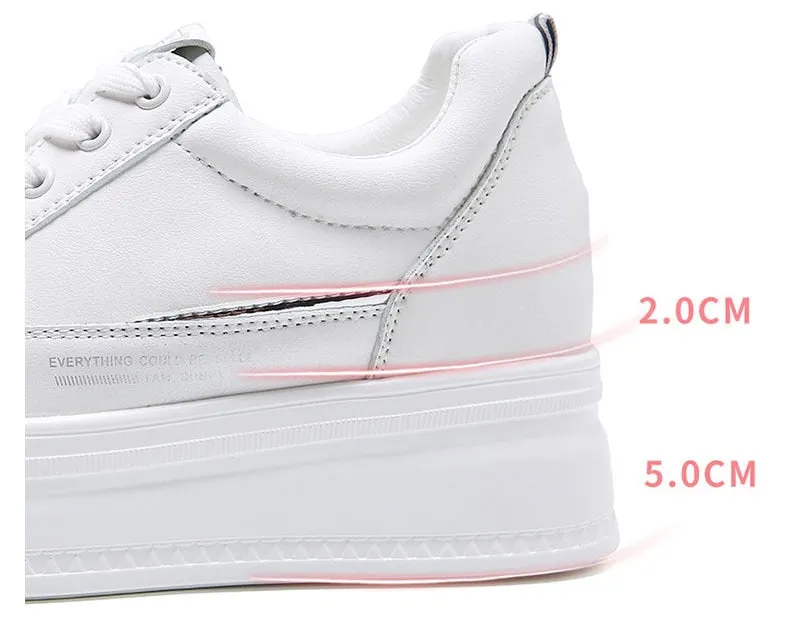 7cm Microfiber Leather Women Casual Shoes White Platform Wedge Hidden Heel Shoes White Shoes Chunky Sneakers Skateboard