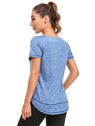 Abrooical Gym Wear Womens Short Sleeve Training Tops Workout Running Wicking Shirts Breathable Side Split Tees Blue Large