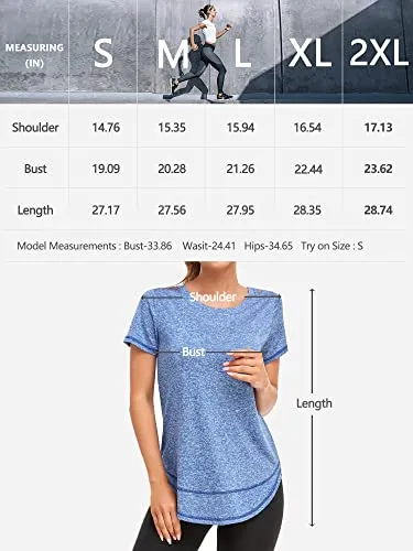 Abrooical Gym Wear Womens Short Sleeve Training Tops Workout Running Wicking Shirts Breathable Side Split Tees Blue Large