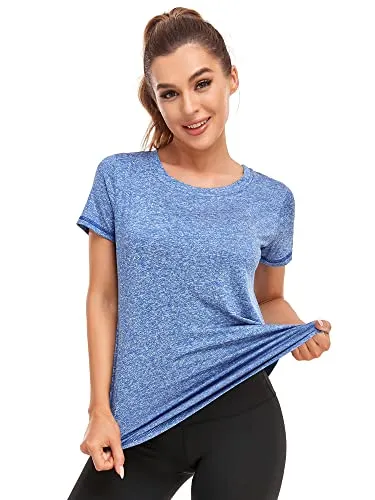 Abrooical Gym Wear Womens Short Sleeve Training Tops Workout Running Wicking Shirts Breathable Side Split Tees Blue Large