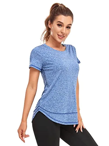 Abrooical Gym Wear Womens Short Sleeve Training Tops Workout Running Wicking Shirts Breathable Side Split Tees Blue Large