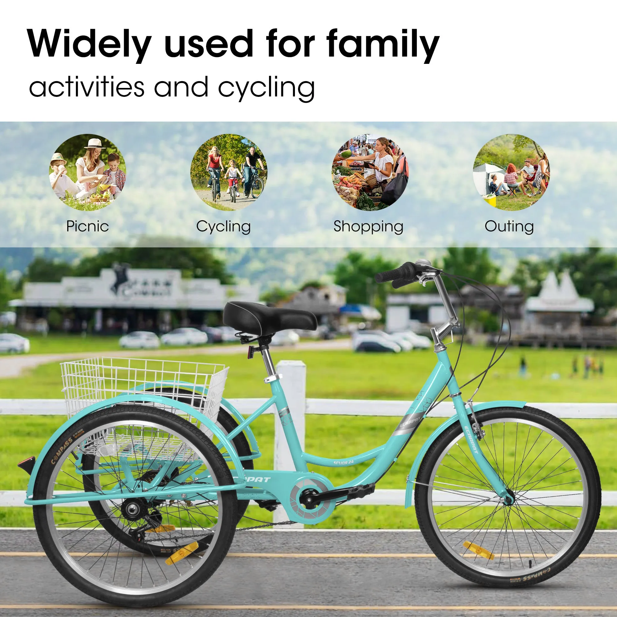 Adult Tricycles 7 Speed, Adult Trikes 24 inch 3 Wheel Bikes, Three-Wheeled Bicycles Cruise Trike with Shopping Basket for Seniors, Women, Men