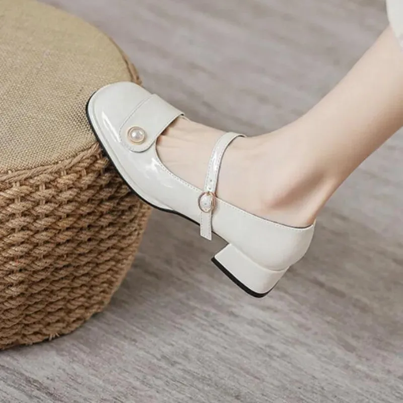 Advbridge -  New Women's High Heels Shoes Chunky Heel Design Ladies Casual Party Work Wear White Mary Jane Leather Shoes Low Heels Shoes