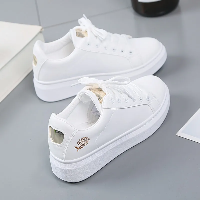 Amozae Women Casual Shoes New Spring Women Shoes Fashion Embroidered White Sneakers Breathable Flower Lace-Up Women Sneakers