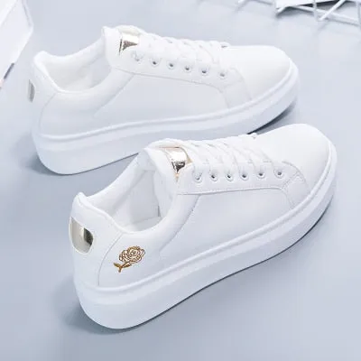 Amozae Women Casual Shoes New Spring Women Shoes Fashion Embroidered White Sneakers Breathable Flower Lace-Up Women Sneakers