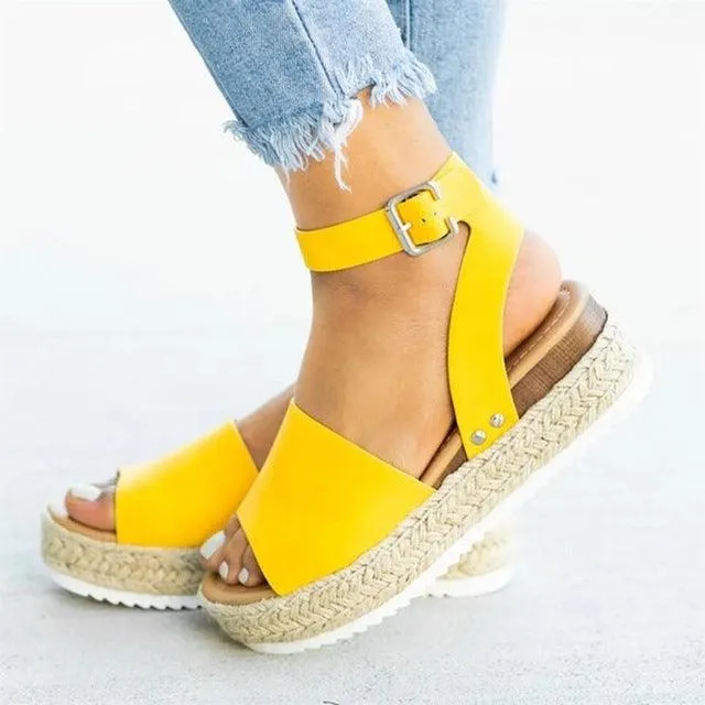 Ankle Strap Wedge Sandals for Women with One-Button Buckle