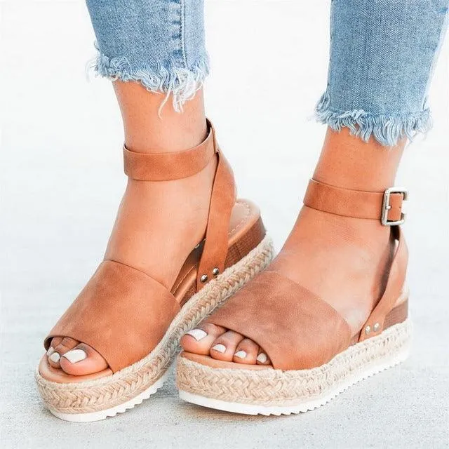 Ankle Strap Wedge Sandals for Women with One-Button Buckle