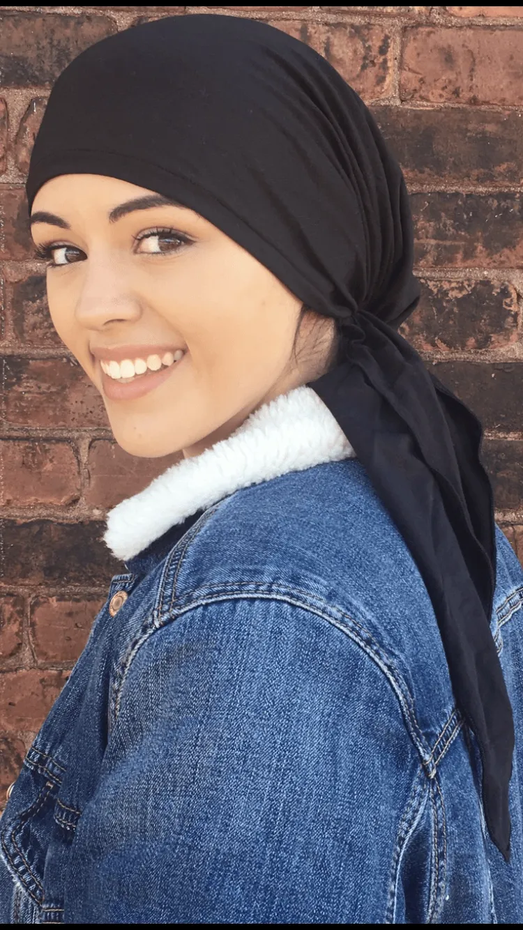 Black Cotton Tichel Pre Tied Bandana Hijab Hair Scarf. Made in USA by Uptown Girl Headwear