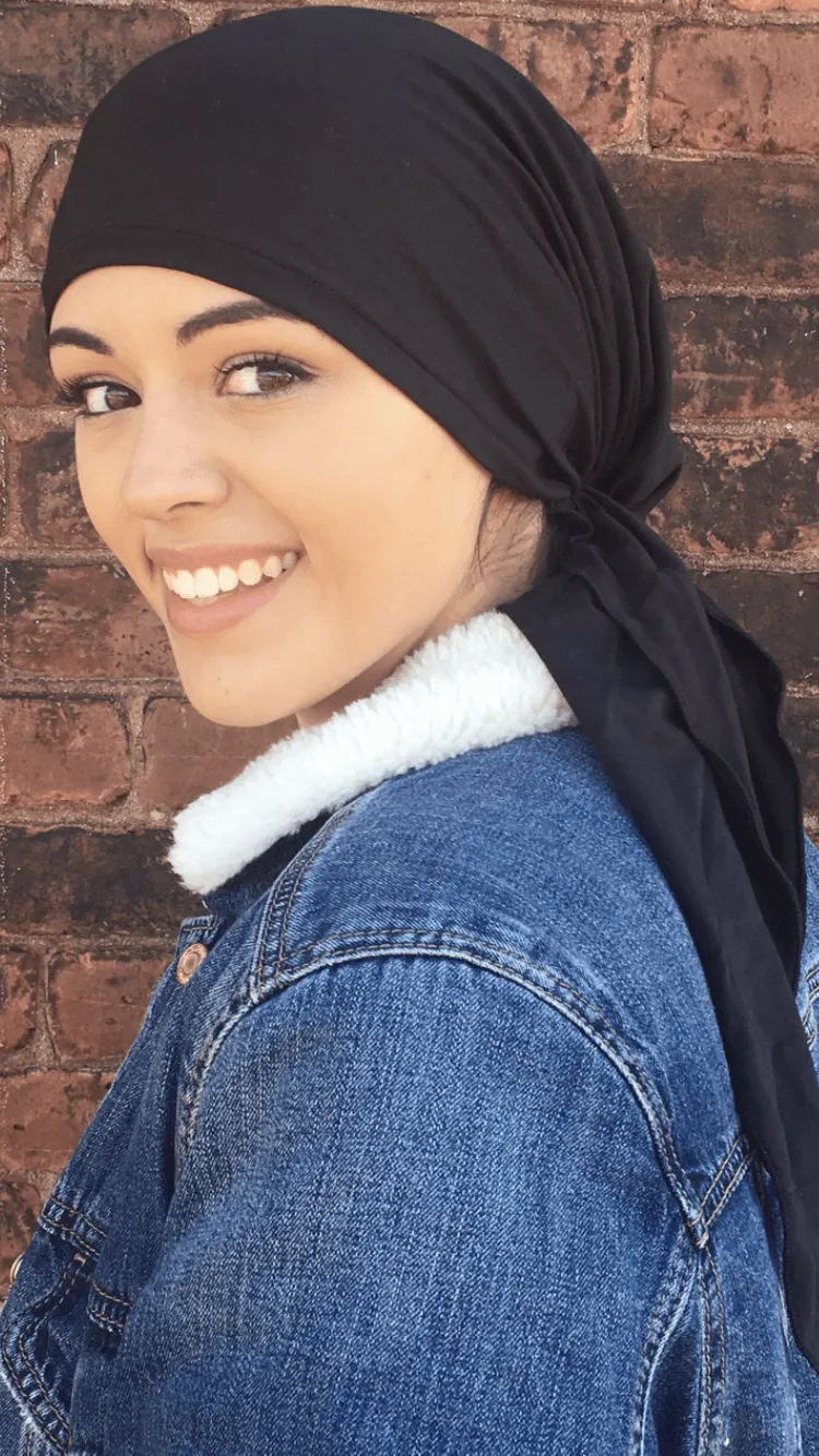 Black Cotton Tichel Pre Tied Bandana Hijab Hair Scarf. Made in USA by Uptown Girl Headwear