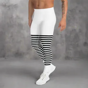 Classic Modern Striped Men's Leggings, White and Black Horizontally Stripes Meggings, Best Sexy Designer Meggings For Men-Made in USA/EU