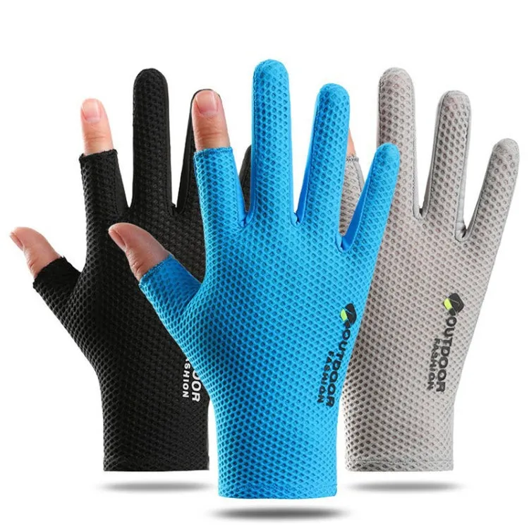 Cycling Thin Sunscreen UV Protection Mesh Breathable Ice Silk Two-finger Gloves(Grey)