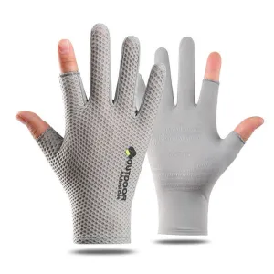 Cycling Thin Sunscreen UV Protection Mesh Breathable Ice Silk Two-finger Gloves(Grey)