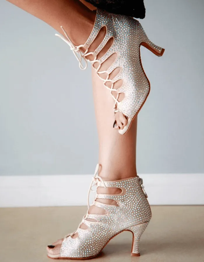 Dance Heels Boots Rhinestone Nude