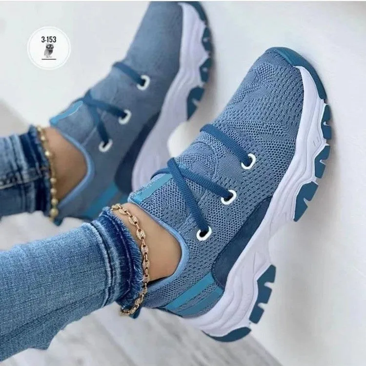 F6002 2023 Autumn New Platform Lace-up Knitted Stretch Sneakers Women's Foreign Trade Large Size Casual Low-Top Shoes Running Shoes