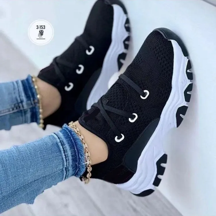 F6002 2023 Autumn New Platform Lace-up Knitted Stretch Sneakers Women's Foreign Trade Large Size Casual Low-Top Shoes Running Shoes