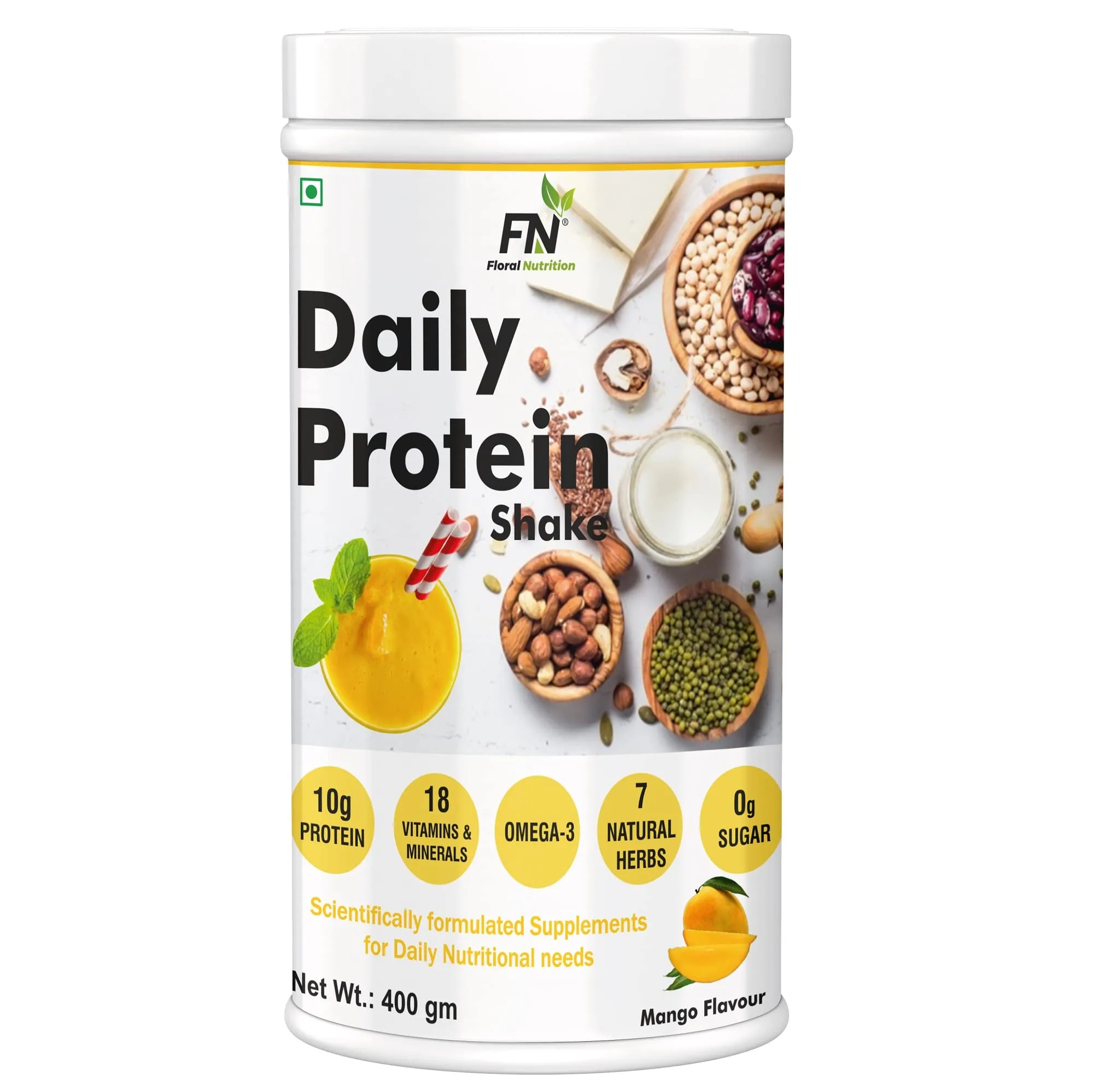 Floral Nutrition Daily Protein Shake with Herbal Blend, Omega-3, 18 Vitamins & Minerals for Energy, Immunity - Men and Women - 400 gm, Mango Flavor (16 Serving) Sugar Free