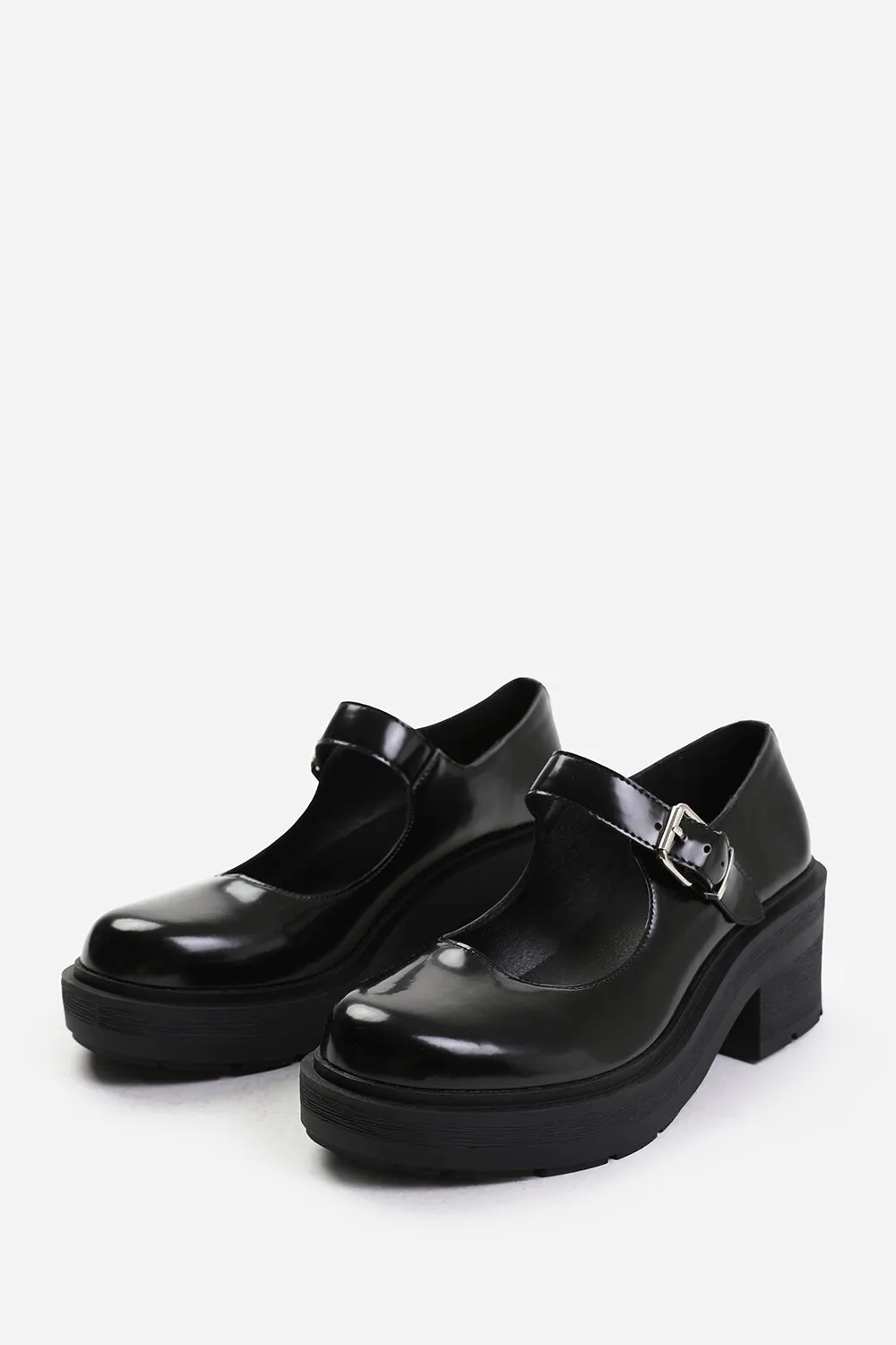 FRANCE CHUNKY SOLE SHOES WITH SINGLE BUCKLE STRAP IN BLACK FAUX LEATHER