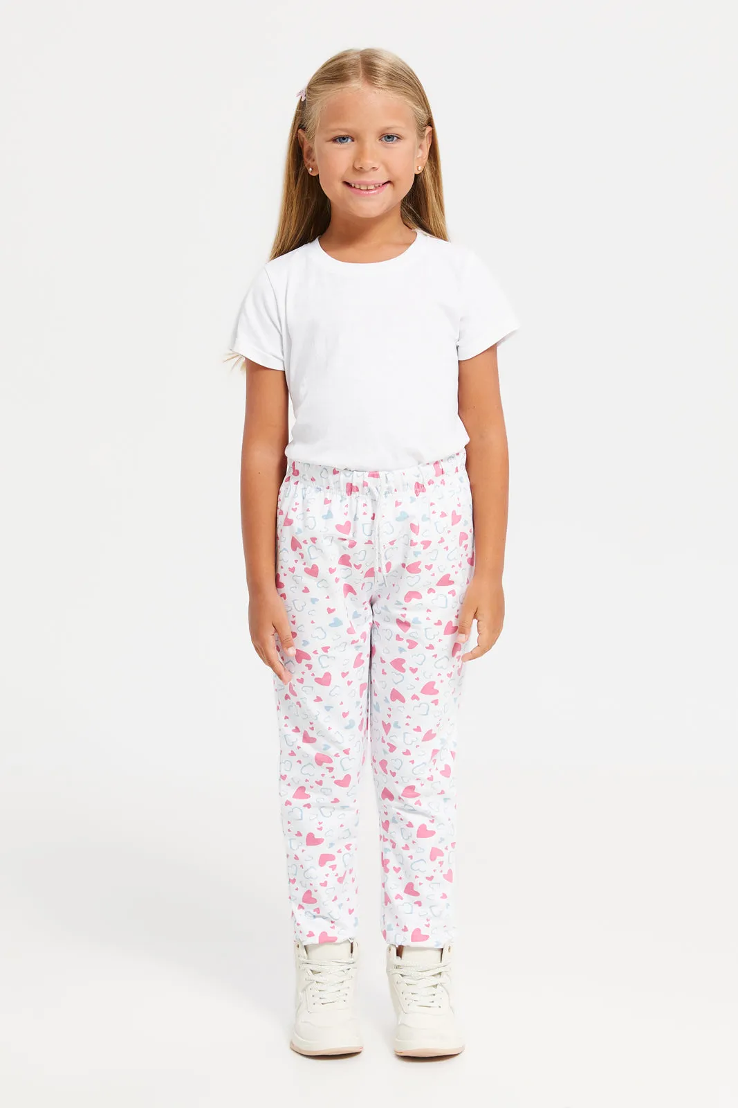 Girls White Printed Track Pants