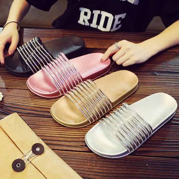 Glossy Flash Drill Slippers for Women in Solid Colors