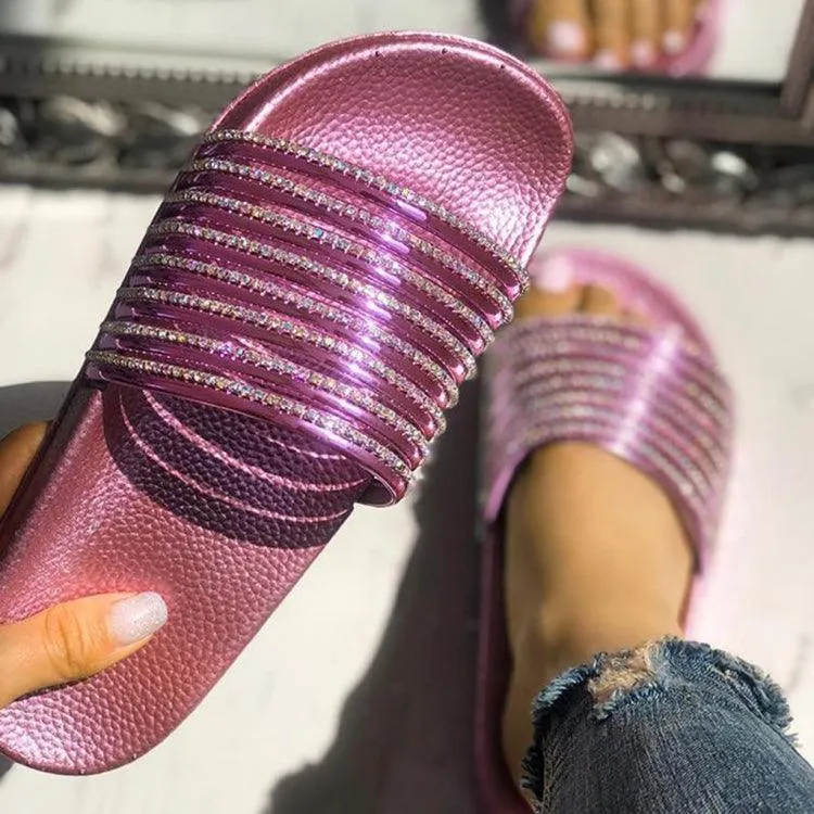 Glossy Flash Drill Slippers for Women in Solid Colors