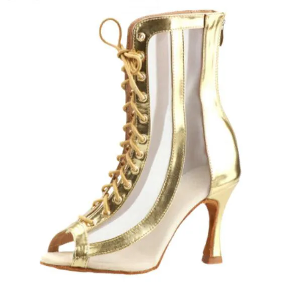 Gold Leather Dance Boots Heels Class Sexy Dancing Booties