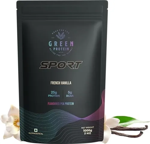 GREEN PROTEIN Sport Vegan Plant Pea Protein Isolate Powder, 25gm Protein, 5g BCAA Per Serving, No Added Sugar | Soy, Dairy, Gluten & Allergen Free | French Vanilla Flavor, Standup Pouch (1kg)