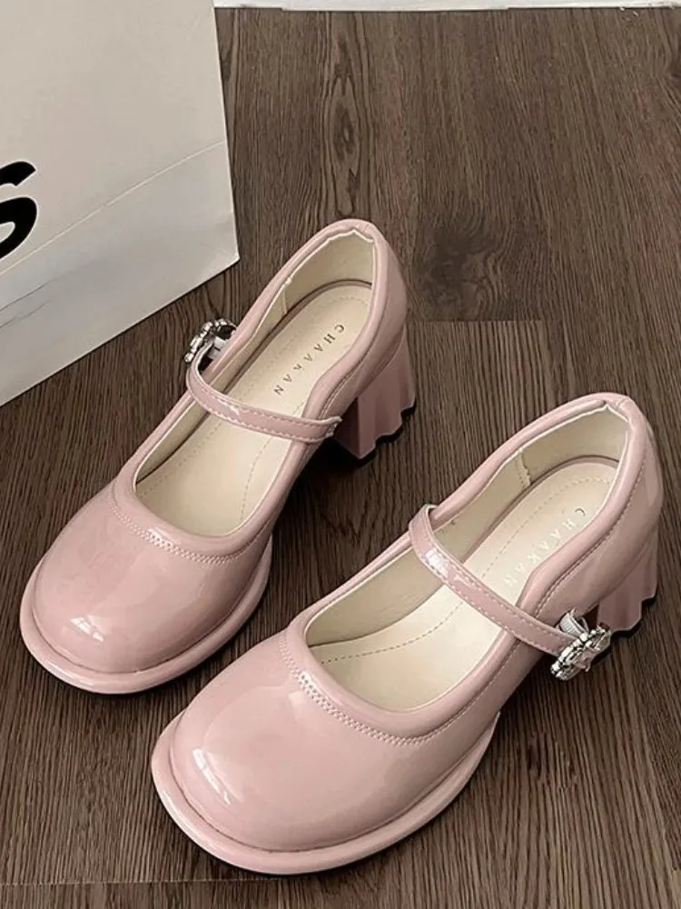 Hnzxzm Pink Elegant Vintage Mary Janes Shoes Women Fashion Sweet Square Button Pumps Shoes Female Korean Designer Buckle Shoes New