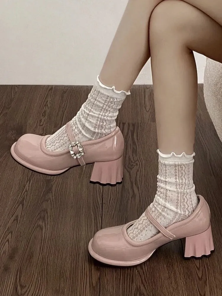 Hnzxzm Pink Elegant Vintage Mary Janes Shoes Women Fashion Sweet Square Button Pumps Shoes Female Korean Designer Buckle Shoes New