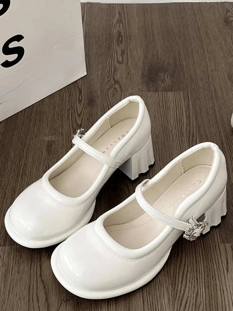 Hnzxzm Pink Elegant Vintage Mary Janes Shoes Women Fashion Sweet Square Button Pumps Shoes Female Korean Designer Buckle Shoes New