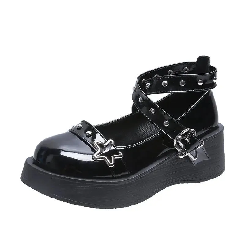 Hnzxzm Shoes Lolita shoes Women heels platform mary janes Star Buckle Strap Mary Janes Women Cross-tied Girls Rivet Casual kawaii shoes