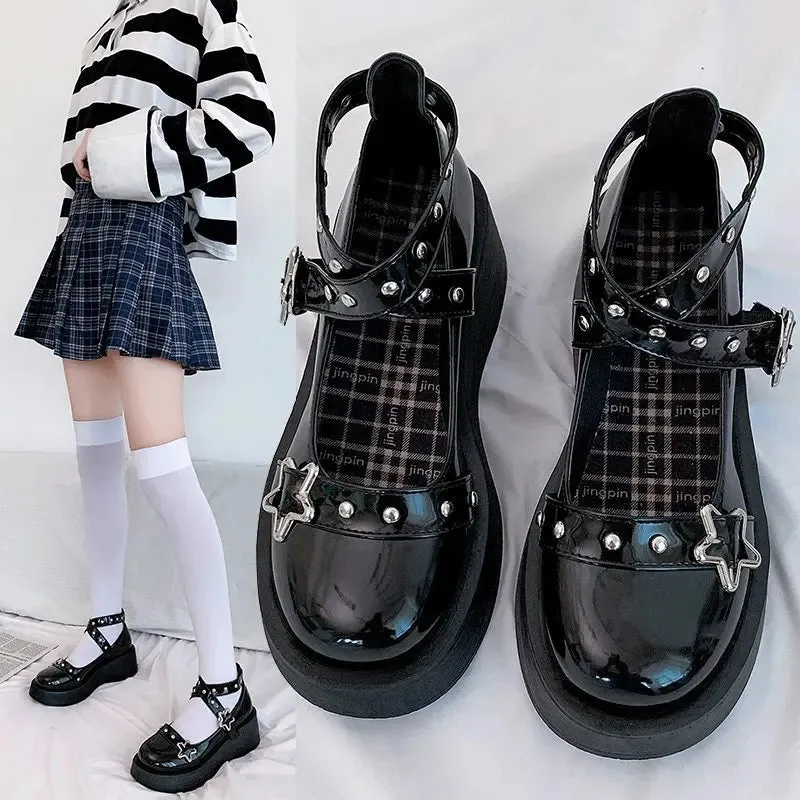 Hnzxzm Shoes Lolita shoes Women heels platform mary janes Star Buckle Strap Mary Janes Women Cross-tied Girls Rivet Casual kawaii shoes