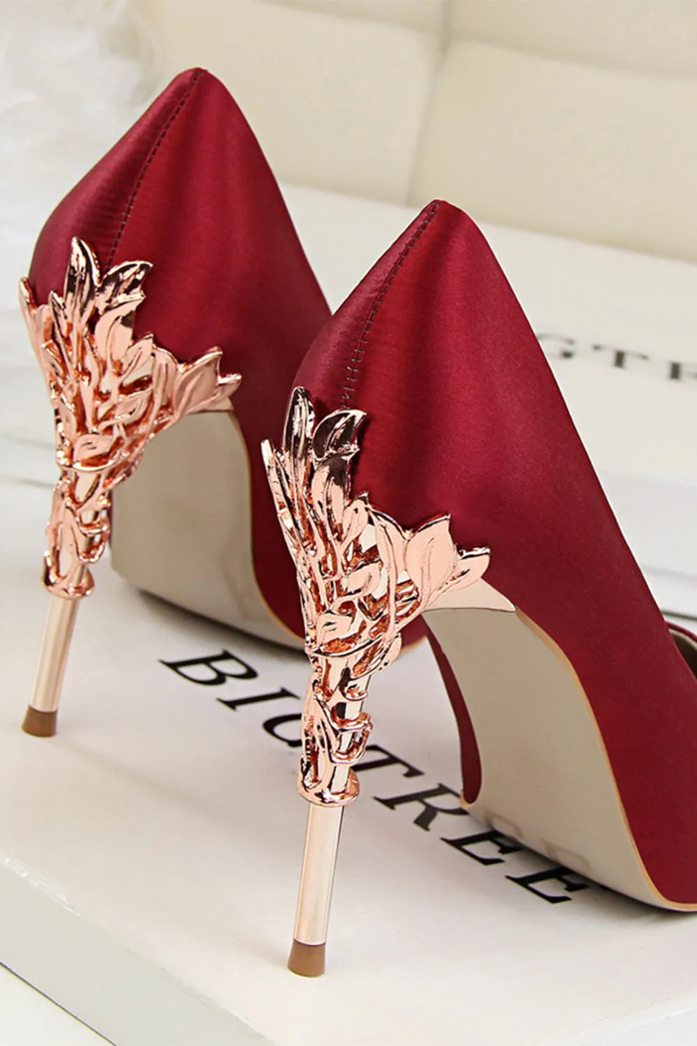 JOSKAA Woman Elegant high heel Burgundy Shallow Metal Stiletto Heels