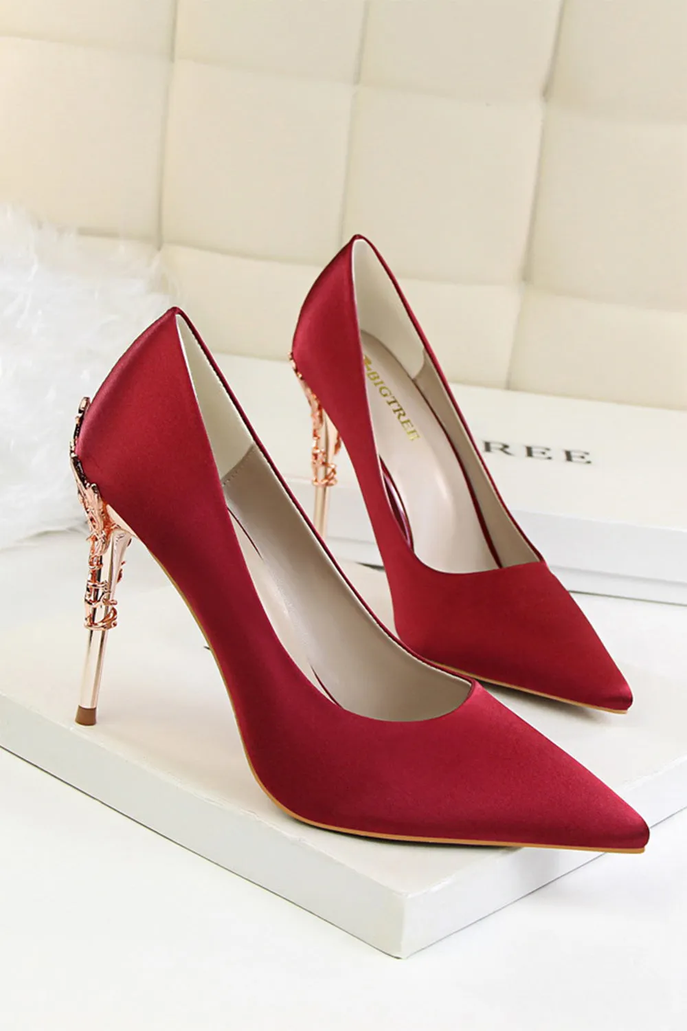 JOSKAA Woman Elegant high heel Burgundy Shallow Metal Stiletto Heels