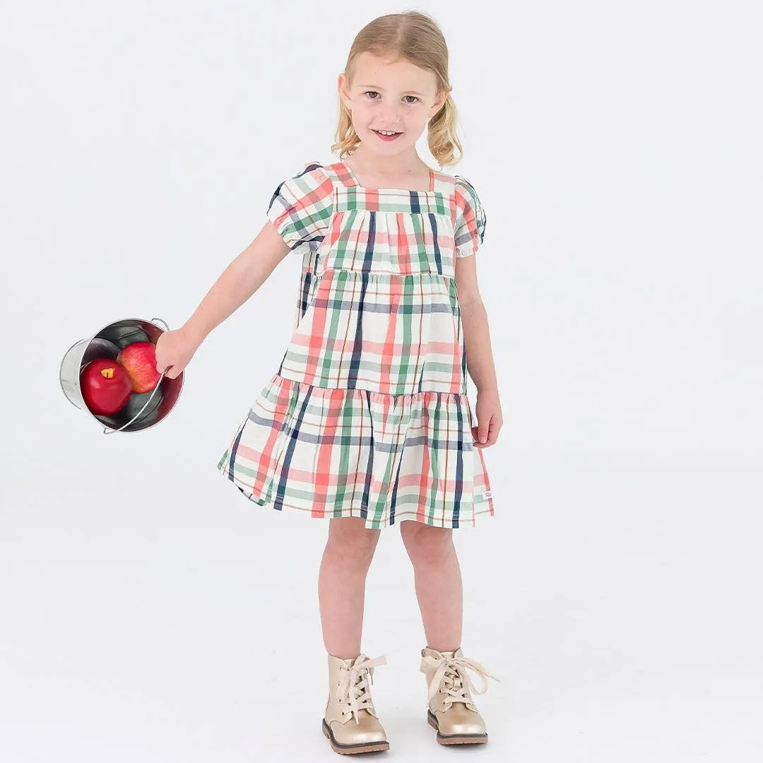 Kendall Plaid Puff Short Sleeve Tiered Dress