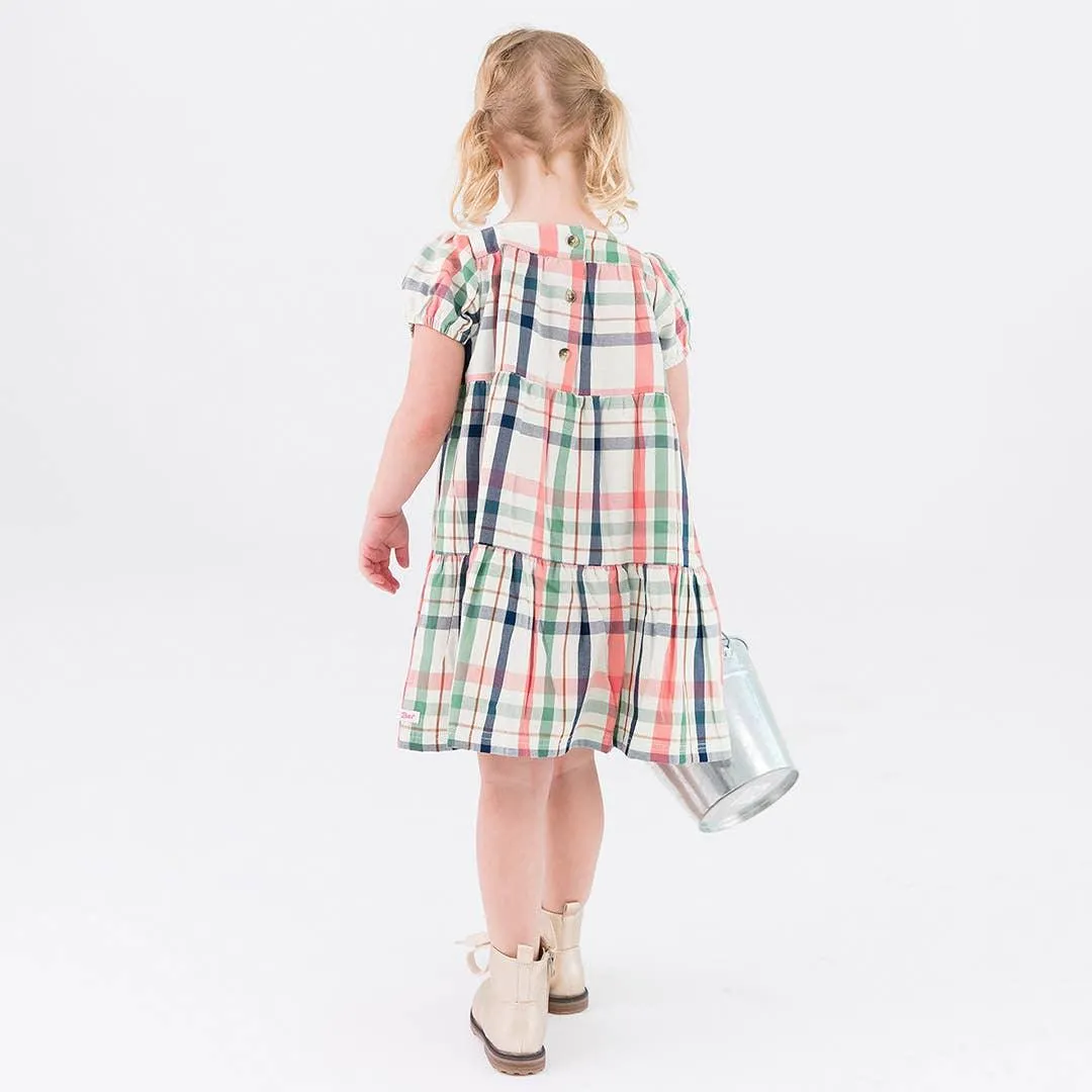 Kendall Plaid Puff Short Sleeve Tiered Dress