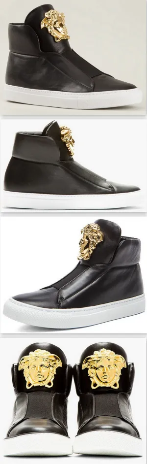 Medusa-Head Laceless Hi-Top Leather Sneakers in Black