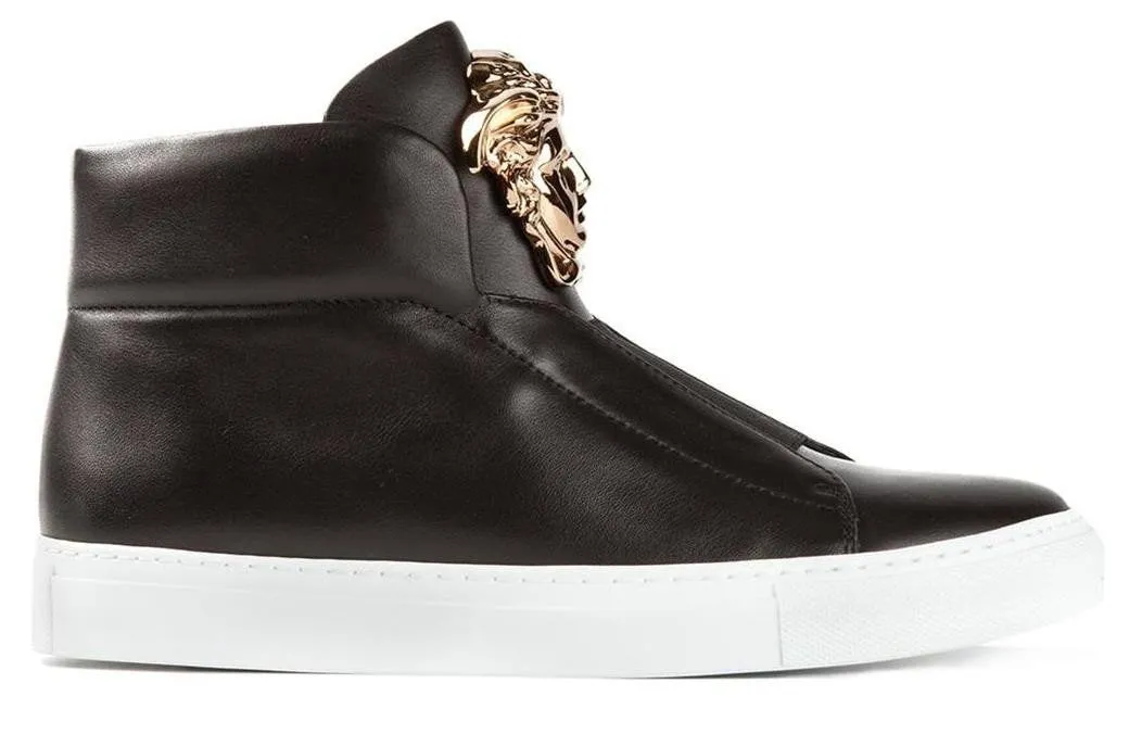 Medusa-Head Laceless Hi-Top Leather Sneakers in Black