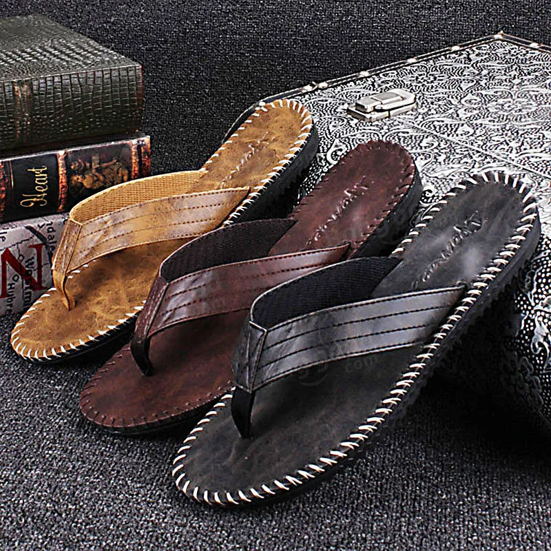 Men Leather Flip Flops Thick Bottom Comfortable Beach Can Be Immersed In Seawater Durable Shoes