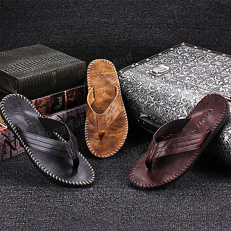 Men Leather Flip Flops Thick Bottom Comfortable Beach Can Be Immersed In Seawater Durable Shoes