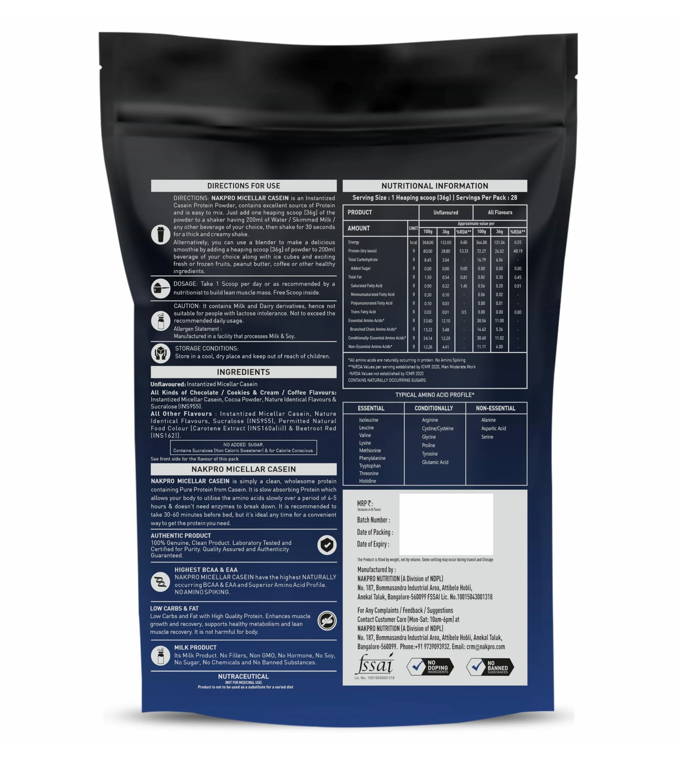 NAKPRO 100% Micellar Casein Protein Supplement | 28.80g Protein, 12.10g EAAs, 5.48g BCAA | Slow Absorbing Micellar Casein Protein Powder (Unflavoured, 2 Kg)