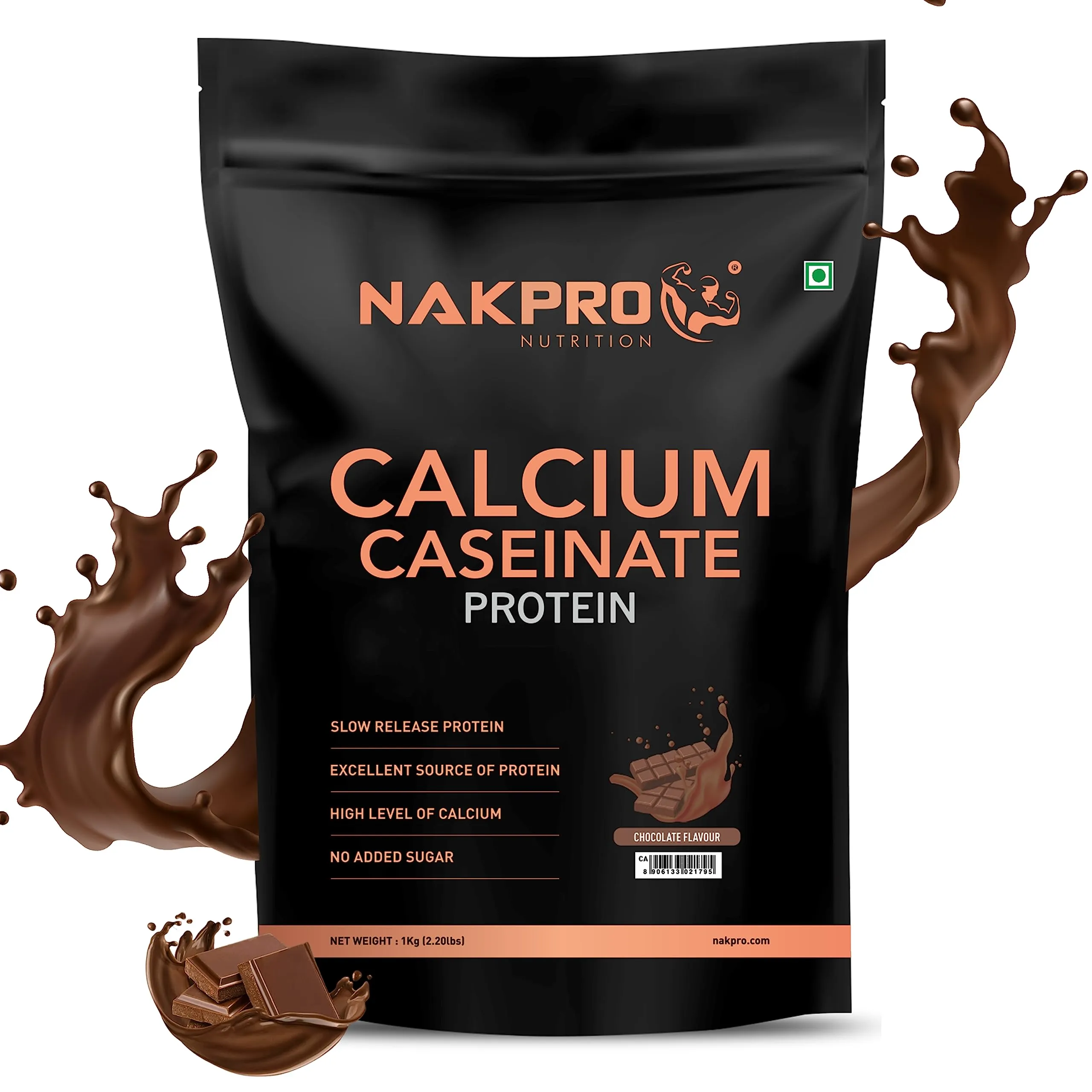 NAKPRO Calcium Caseinate | 27.88g Protein, 5.42g BCAA | Helps in Muscle Recovery | Slow Absorbing, Slow Digesting, Low Carbs Casein Protein Powder (1 Kg, Chocolate)