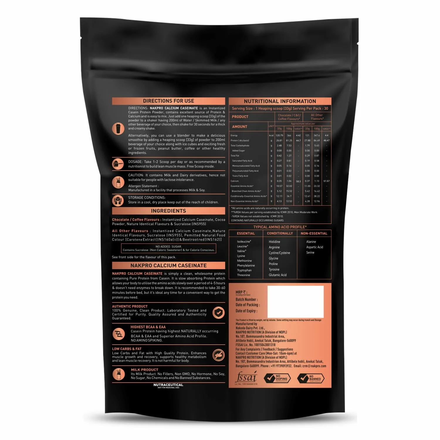 NAKPRO Calcium Caseinate | 27.88g Protein, 5.42g BCAA | Helps in Muscle Recovery | Slow Absorbing, Slow Digesting, Low Carbs Casein Protein Powder (1 Kg, Chocolate)