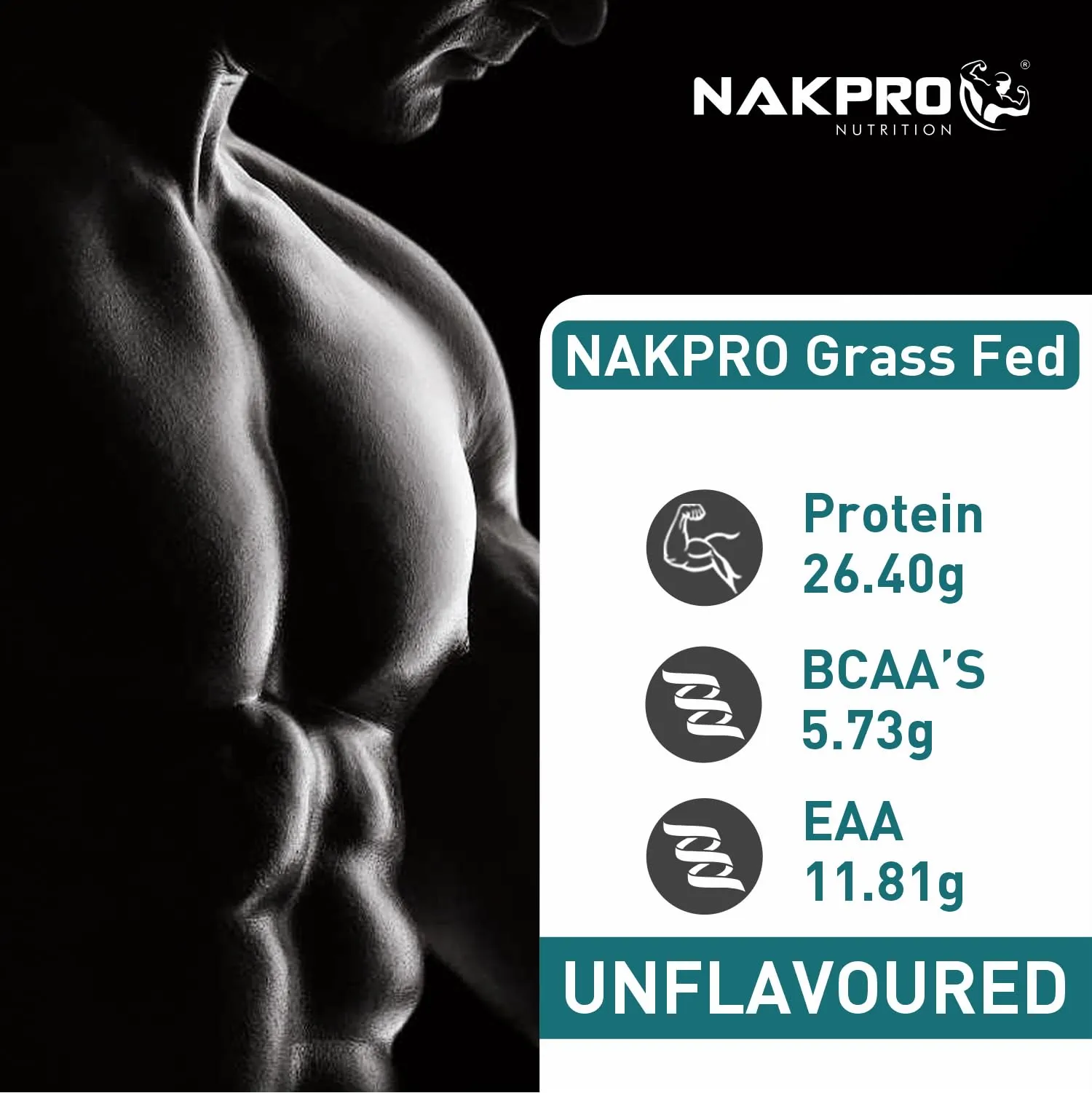 NAKPRO GRASS FED Whey Protein Concentrate | 26.40g Protein, 5.73g BCAA | Muscle Gain, Strength, Muscle Recovery Protein Powder for Men, Women & Athletes (1 Kg, Unflavoured)