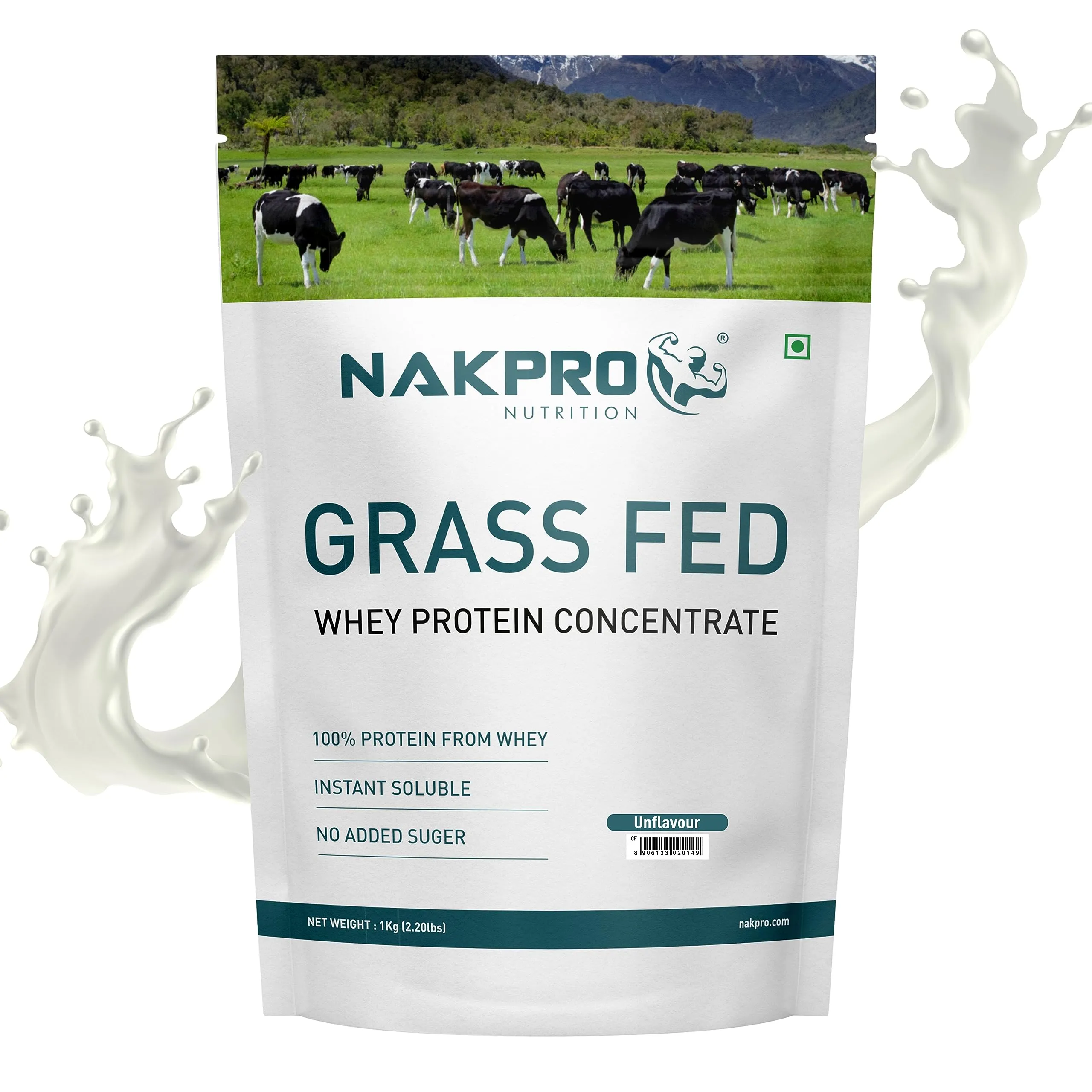 NAKPRO GRASS FED Whey Protein Concentrate | 26.40g Protein, 5.73g BCAA | Muscle Gain, Strength, Muscle Recovery Protein Powder for Men, Women & Athletes (1 Kg, Unflavoured)