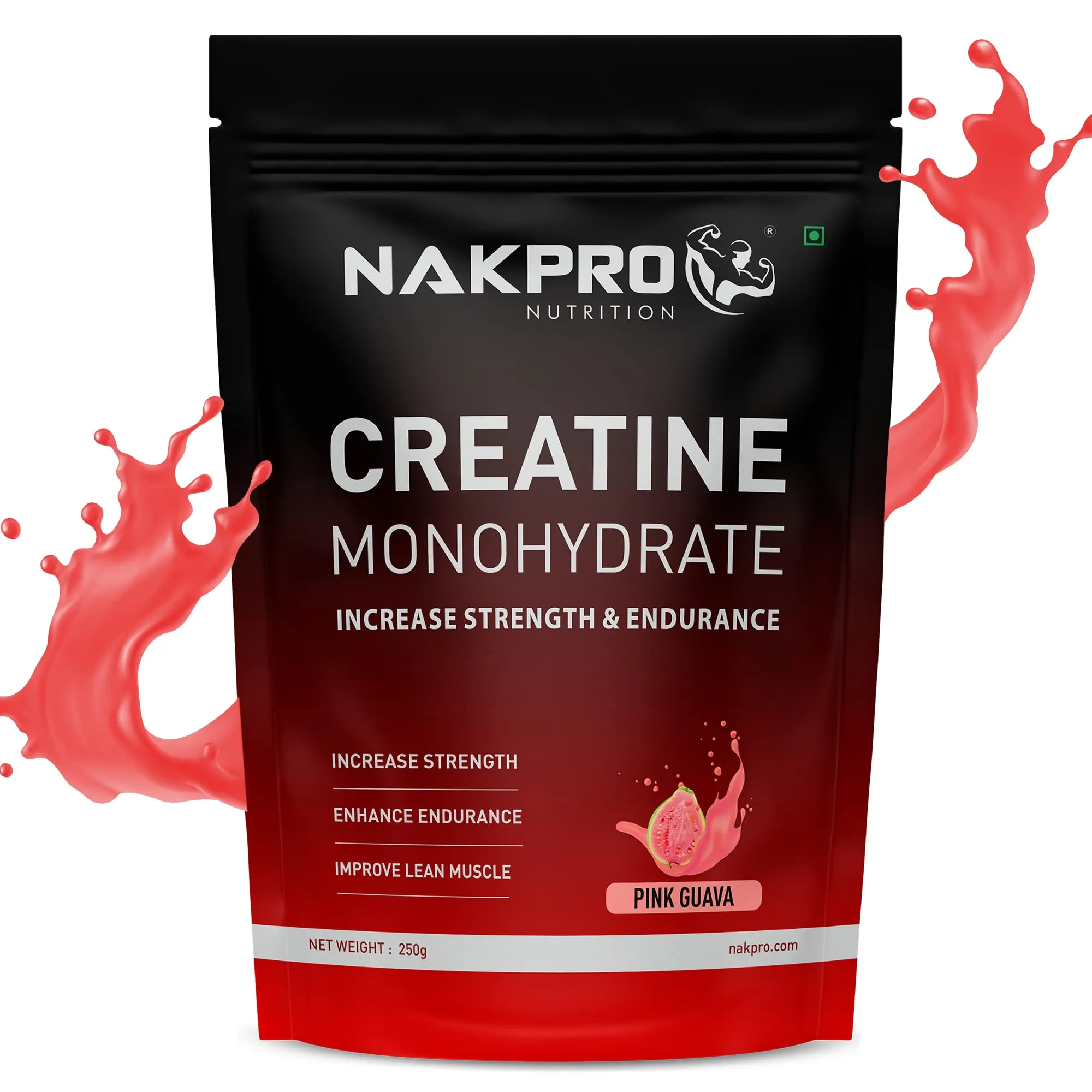 NAKPRO MICRONIZED CREATINE MONOHYDRATE, (Pink Guava,Pack of 250g Powder), Highest Grade, Fast Dissolving & Rapidly Absorbing Creatine helps Muscle Endurance & Recovery