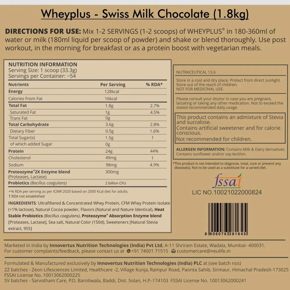 Neulife WHEYPLUS® Gut-friendly Grass-Fed Whey Protein Isolate Blend with Probiotics & Proteozymes 4lbs (Swiss Chocolate)