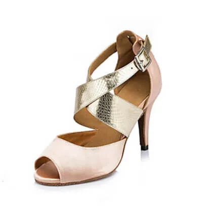 Nude Satin Ballroom Dancing Shoes Latin Salsa Bachata Dance Heels